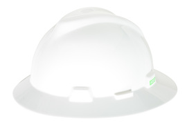 MSA 475369 White V-Gard® Polyethylene Full Brim Hard Hat With Ratchet/4 Point Ratchet Suspension